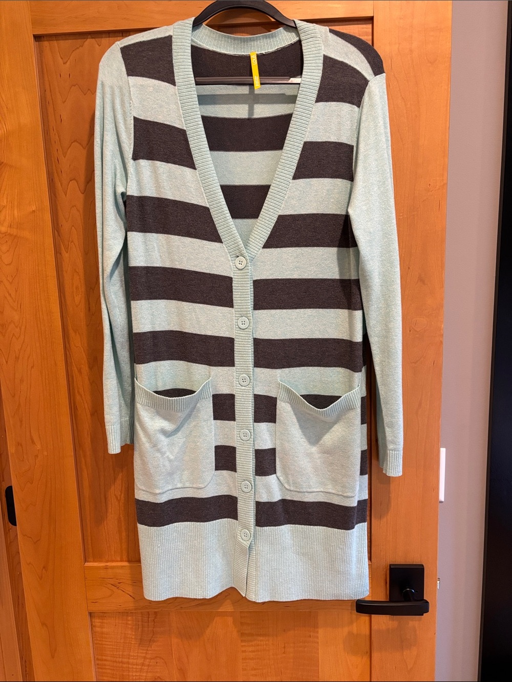 Lole Mint and Dark Gray Striped Knee-Length Cardigan